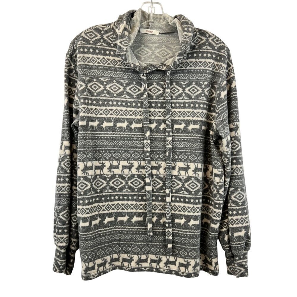 Cherish Womens Reindeer Print Hoodie Gray/Ivory Size Small Soft